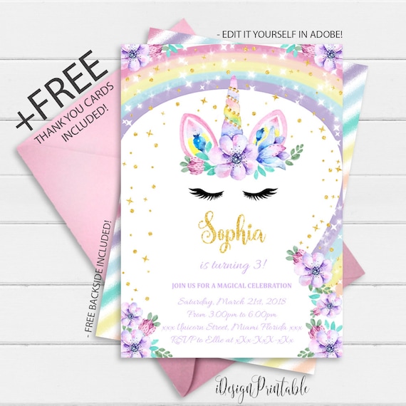 rainbow unicorn birthday invitation