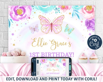 Butterfly Backdrop, Butterfly Birthday Backdrop Printable, Butterfly Table Backdrop, Floral Butterfly Backdrop Sign, CORJL INSTANT DOWNLOAD