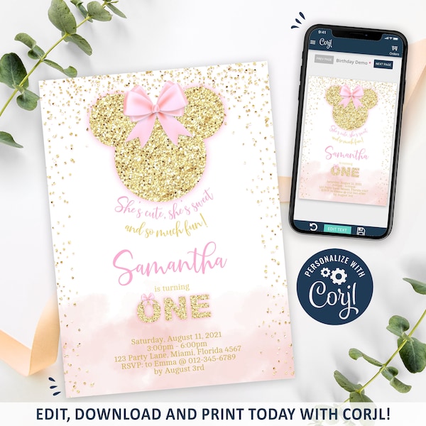 Minnie Mouse 1st Birthday Invitation, Minnie Mouse Party Invite Imprimible, Minnie Mouse First Birthday, Gold Glitter, CORJL INSTANT DOWNLOAD