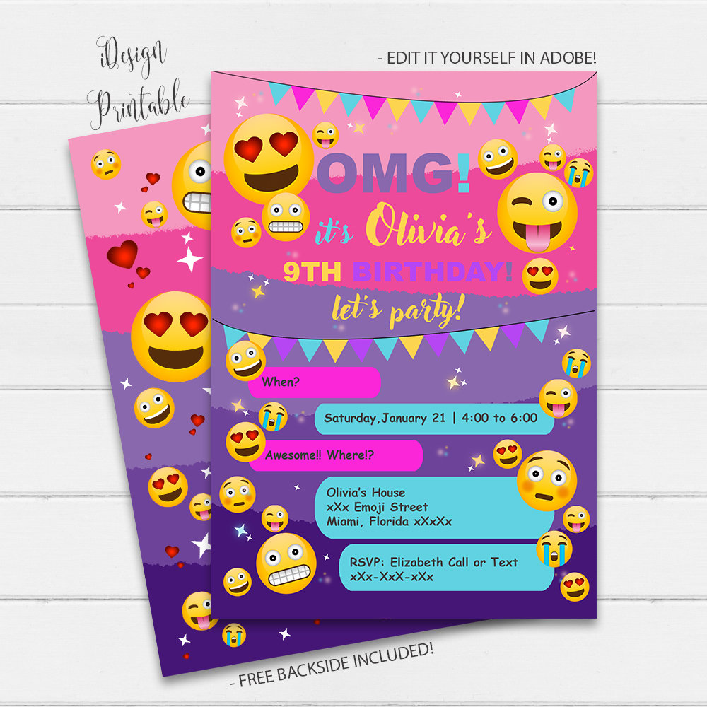 Emoji Invitation Emojis Party Invitation Girl Birthday Emoji Etsy