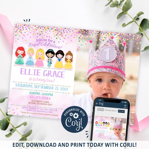 Princess Invitation, Princess Birthday Invitation Printable, Little Princess Party Photo Invite, Magical Princess, CORJL INSTANT DOWNLOAD