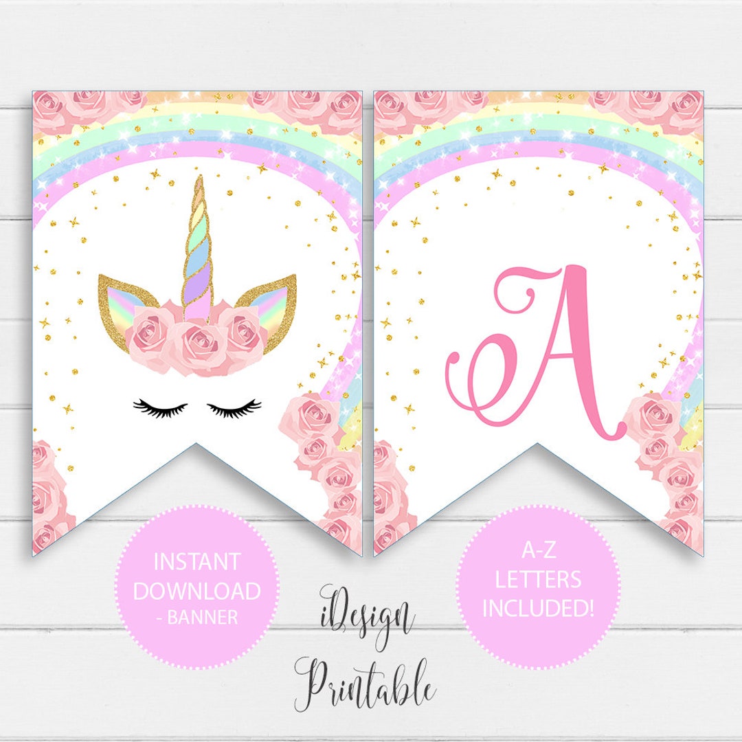 Rainbow Unicorn Birthday Banner Printable, Unicorn A-Z Letter Instant Download File, Unicorn ...