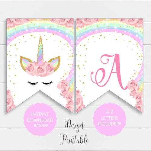rainbow unicorn birthday banner printable unicorn a z letter etsy