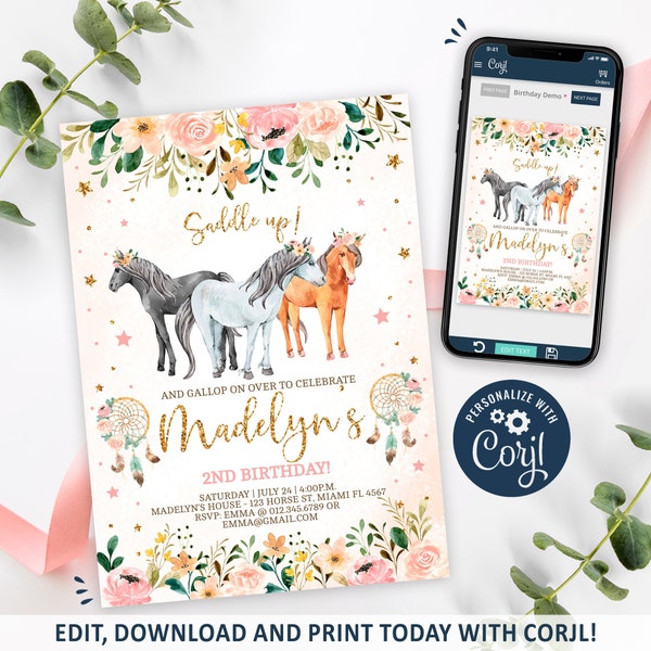 Horse Invitation, Horse Birthday Invitation Printable, Floral Horses Party Invite, Saddle Up, Cowgirl Horse Party, CORJL INSTANT DOWNLOAD