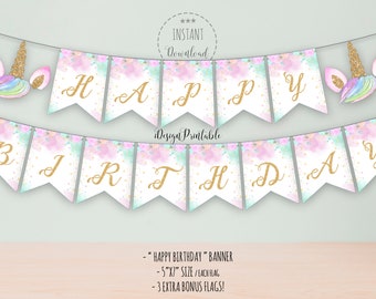 Unicorn Happy Birthday Banner, Unicorn Party Banner Printable File, Rainbow Unicorn Banner, Magical Unicorn Banner, INSTANT DOWNLOAD