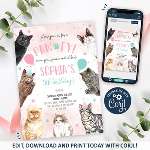 Cat Invitation, Cat Birthday Invitation Printable, Cats Party Invite, Pink Kitty Cat Invitation, Girl Cat Party, CORJL INSTANT DOWNLOAD