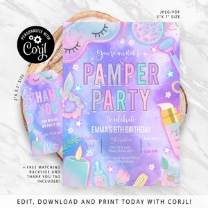 Pamper Party Birthday Invitation, Neon Glow Pamper Spa Party Invitation Printable, Editable Glitz and Glam Party, CORJL INSTANT DOWNLOAD