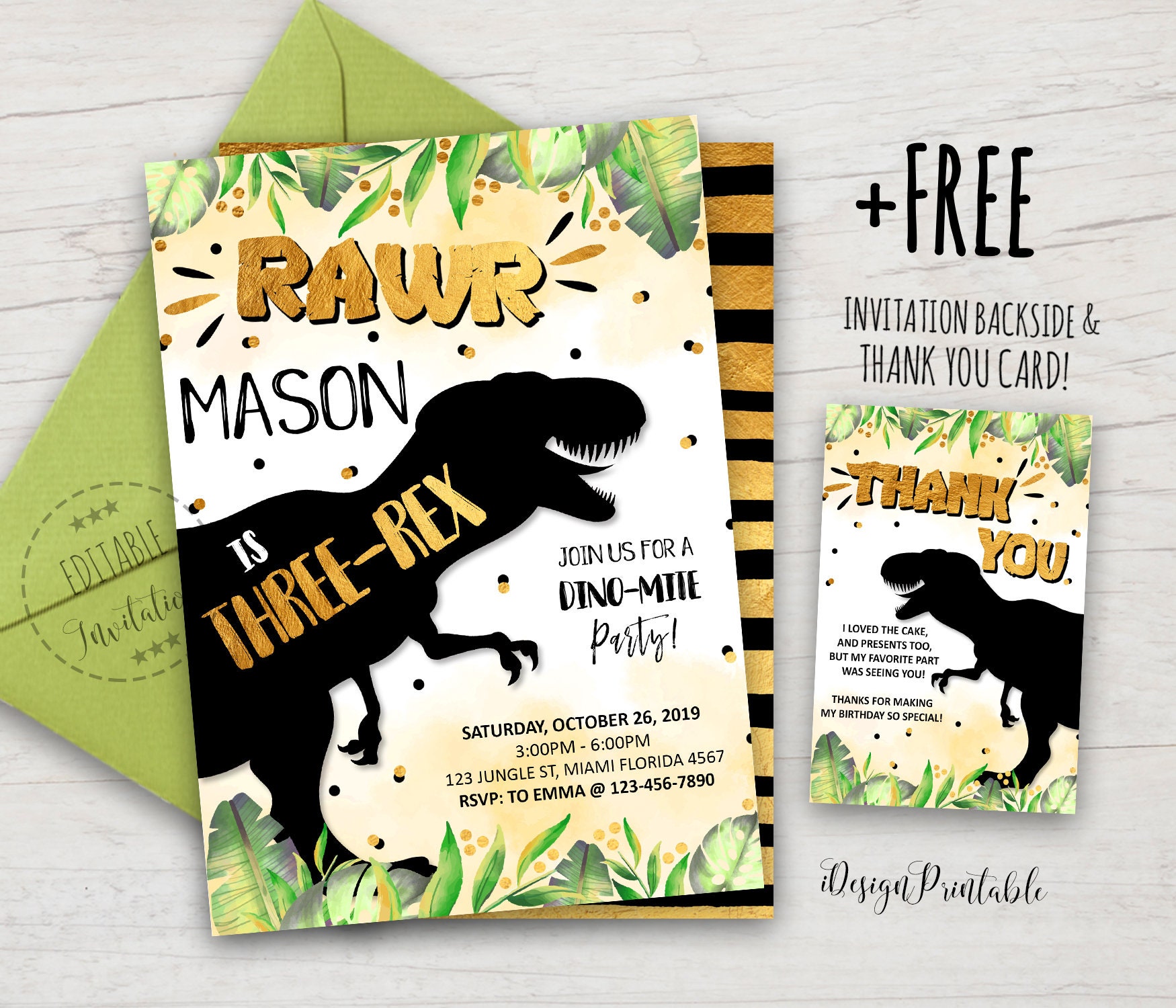 Dinosaur 3rd Birthday Invitation Three Rex Invitation Etsy