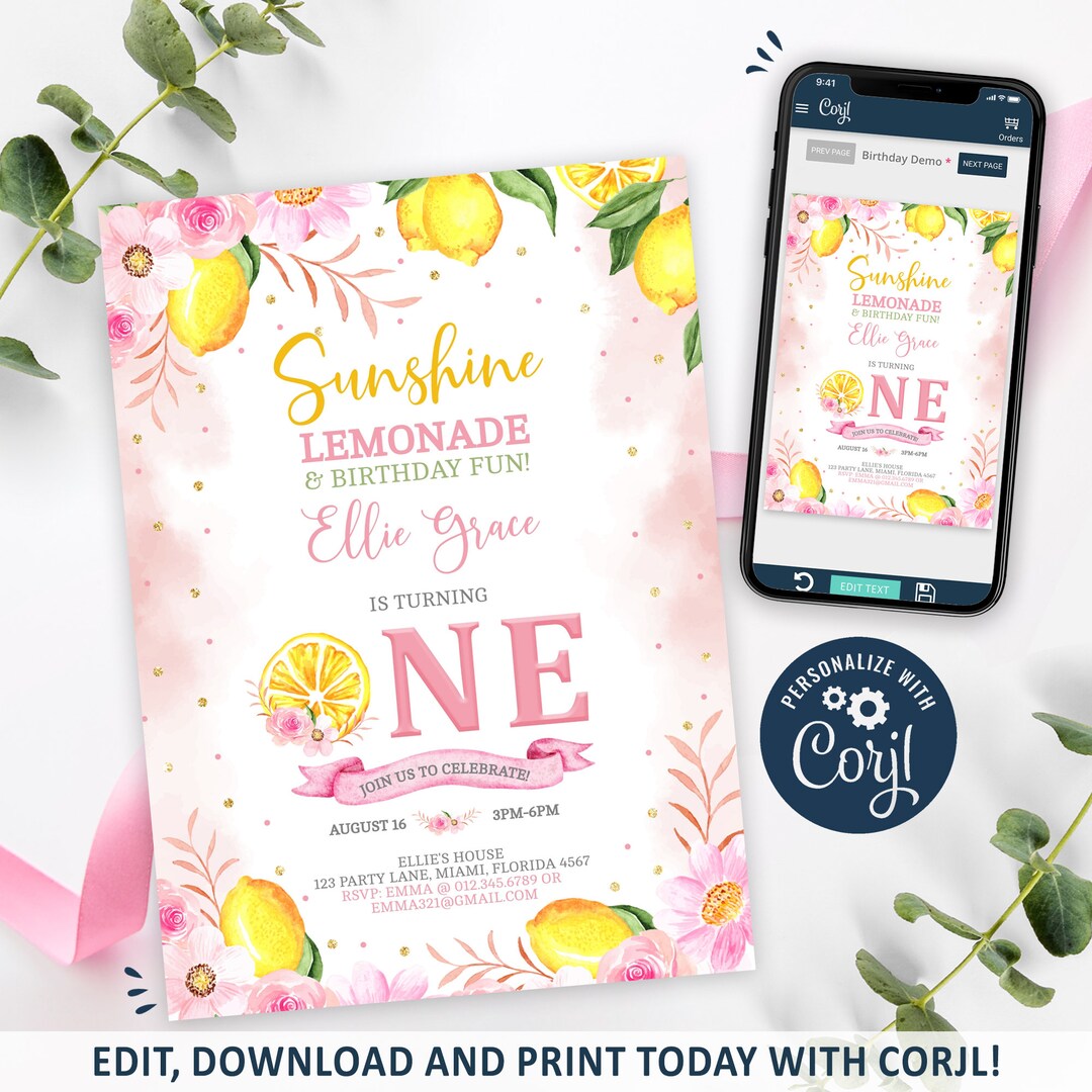 Lemonade Invitation, Lemonade 1st Birthday Invitation Printable, Lemon