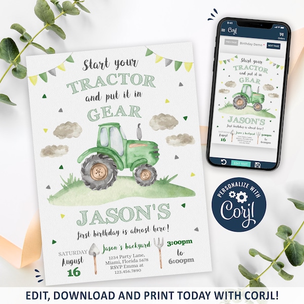 Tractor Invitation, Tractor Birthday Invitation Printable, Green Tractor Party Invitation Editable, CORJL INSTANT DOWNLOAD