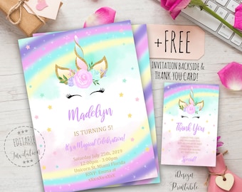 Rainbow Unicorn Invitation, Unicorn Birthday Invitation Printable, Magical Unicorn Party Invitation, Rainbow, EDITABLE, INSTANT DOWNLOAD