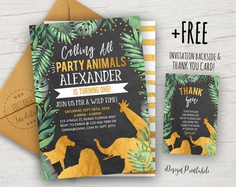 Safari Invitation, Safari Birthday Invitation Printable, Jungle Party Invite, Wild Party Animals, Gold Animals, EDITABLE, INSTANT DOWNLOAD