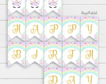 Unicorn Happy Birthday Banner, Rainbow Unicorn Banner Instant Download, Unicorn Birthday Garland, Magical Unicorn Decoration Banner, Digital