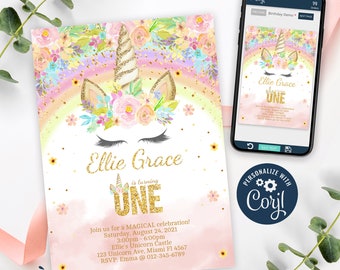 Unicorn Invitation, Magical Unicorn Birthday Invitation Printable, Glitter Unicorn Party Invite, Floral Unicorn, EDITABLE, INSTANT DOWNLOAD