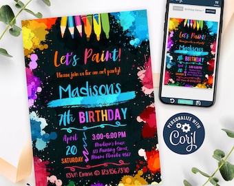 Painting Invitation, Painting Birthday Invitation Printable, Art Party Invite, Colorful Art Birthday Invitation, EDITABLE, INSTANT DOWNLOAD