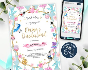 Alice in ONEderland Invitation, Alice in ONEderland Birthday Invitation Printable, Blue ONEderland 1st Birthday, EDITABLE, INSTANT DOWNLOAD