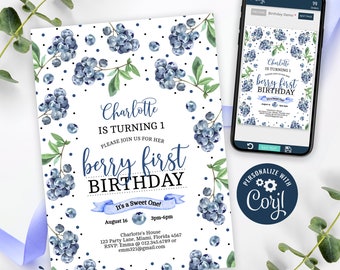 Blueberry Invitation, Blueberry 1st Birthday Invitation Printable, Berry First Party Invite, Sweet Berry Invitation, CORJL INSTANT DOWNLOAD
