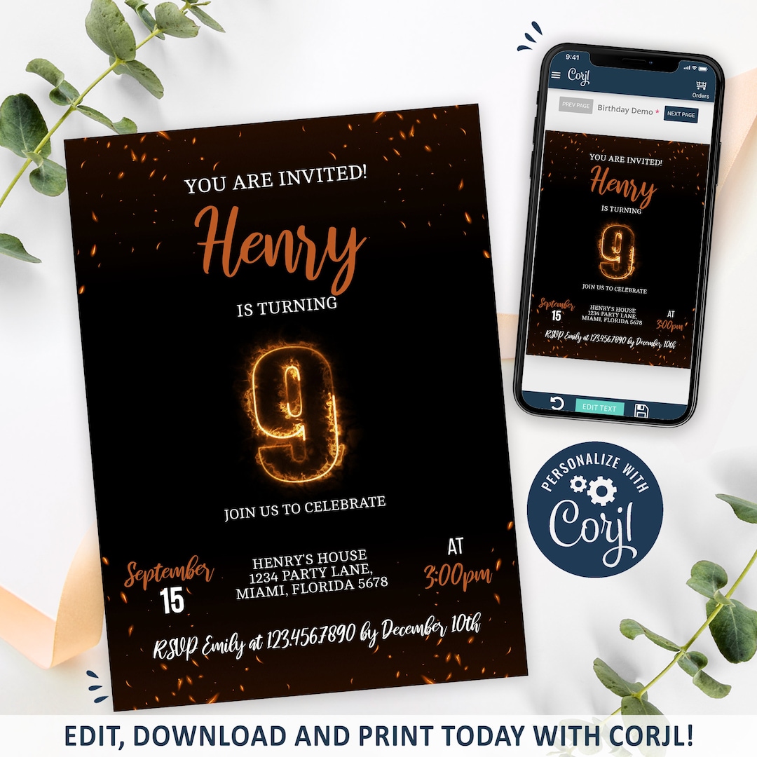 Boy Birthday Invitation, 9th Birthday Invitation Printable, Boy Fire ...