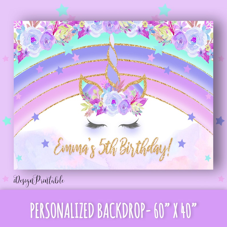 Unicorn Birthday Backdrop, Unicorn Birthday Sign, Rainbow Unicorn Banner, Floral Unicorn Birthday Poster, Printable Unicorn Background File image 1