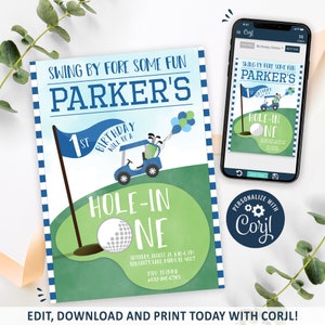 Zaproszenie na golfa, Zaproszenie na urodziny golfowe do wydrukowania, Zaproszenie na imprezę golfową, Hole in One Golf 1. urodziny, Niebieski wózek, CORJL NATYCHMIASTOWE POBIERANIE