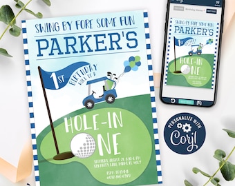 Golf Invitation, Golf Birthday Invitation Printable, Golf Party Invite, Hole in One Golf 1st Birthday, Blue Cart, CORJL INSTANT DOWNLOAD