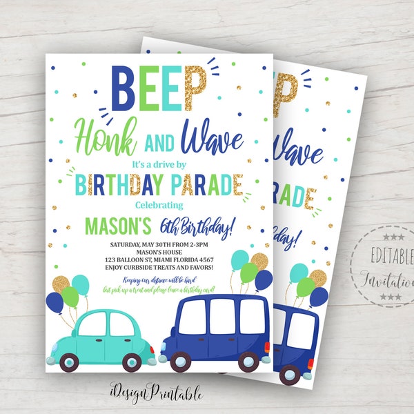 Drive By Invitation, Drive Through Birthday Invitation Text or Print, Boy Birthday Parade Invite, Quarantine, EDITABLE, INSTANT DOWNLOAD