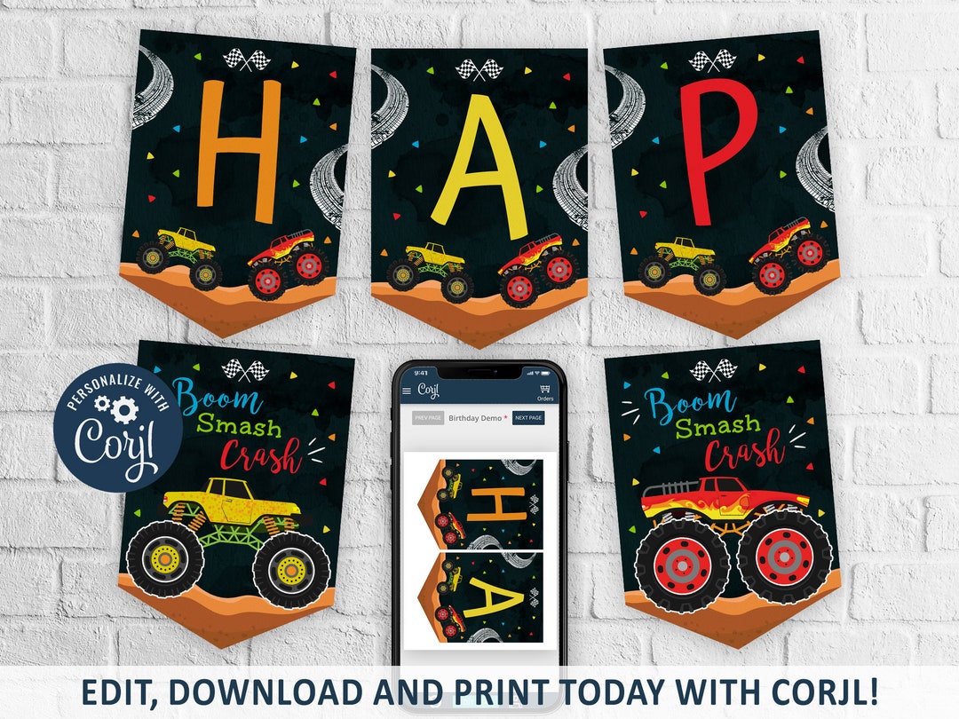 Monster Truck Happy Birthday Banner, Monster Truck Birthday Banner ...