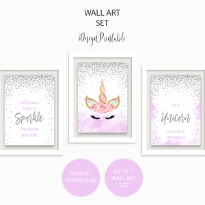 Unicorn Wall Art Set Instant Download, Silver Confetti Unicorn Wall Decor Printable, Nursery Print, Girl Nursery Decor, Girl Room Decor