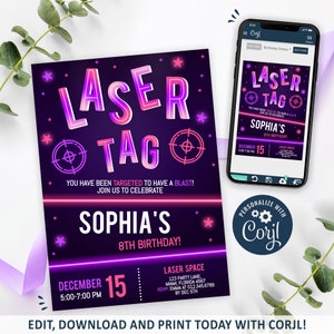 Laser Tag Invitation, Neon Laser Tag Birthday Invitation Printable, Glow Laser Tag Party Invite, Laser Tag Invite, CORJL INSTANT DOWNLOAD