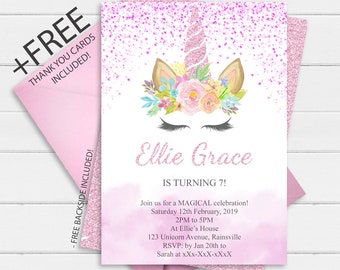 Magical Unicorn Invitation Instant Download, Pink Glitter Unicorn Invitation Digital File, Girl Unicorn Invite, Floral Invitation Download