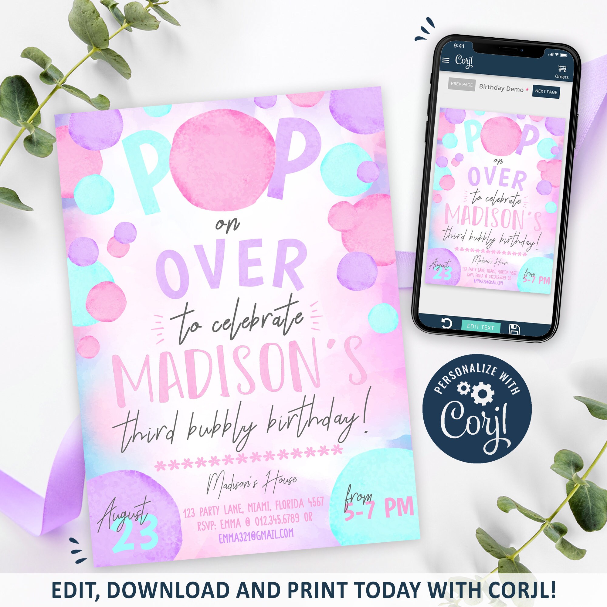 Bubble Party Invitation, Bubbles Birthday Invitation Printable, Bubbly Party Invite, Girl Bubble Party Invitation, CORJL INSTANT DOWNLOAD