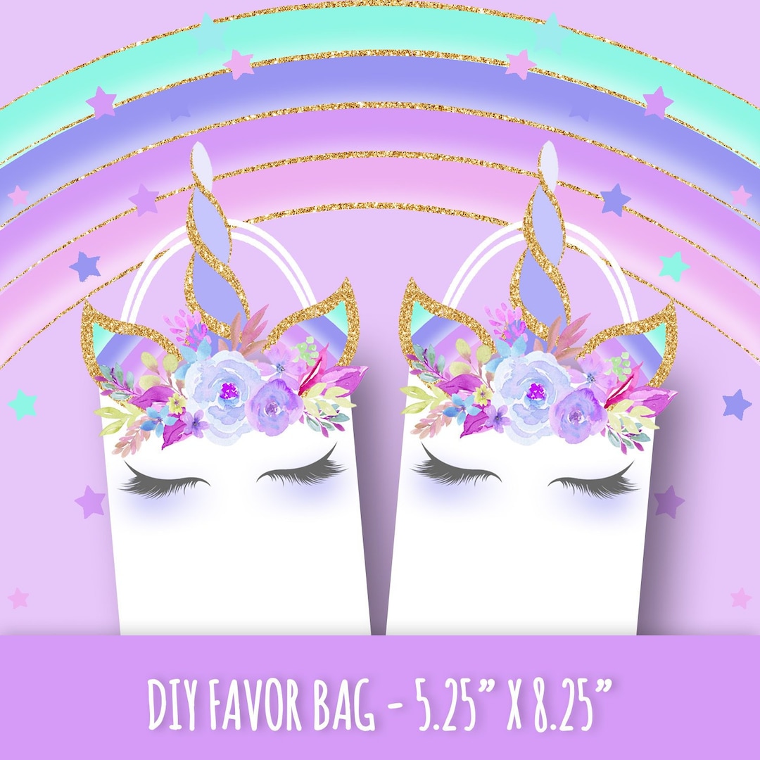 Unicorn Favor Bags, Rainbow Unicorn Party Favors Printable, DIY Unicorn Treat Bags Instant ...