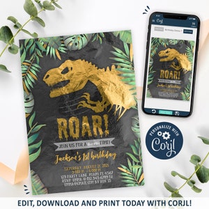 Dinosaur Invitation, Dinosaur Birthday Invitation Printable, Gold Dinosaur Party Invite, T-Rex Dino, Roar Invitation, CORJL INSTANT DOWNLOAD