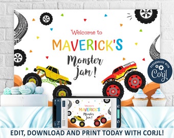 Monster Truck Backdrop, Monster Truck Birthday Banner Printable, Monster Truck Welcome Sign Party Decoration, CORJL INSTANT DOWNLOAD