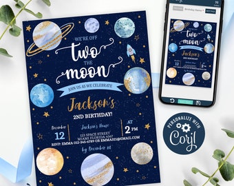 Two The Moon Invitation, Boy Two The Moon Birthday Invitation Printable, 2nd Birthday, Outer Space Party Invite, EDITABLE, INSTANT DOWNLOAD