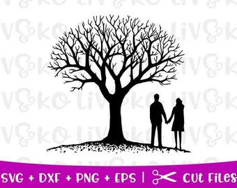 May include: A black silhouette of a bare tree with two people standing underneath it. The people are holding hands and are facing each other.