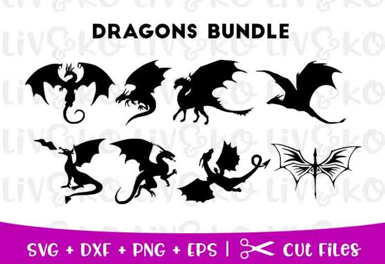 May include: A bundle of eight black silhouette dragon SVG cut files. The dragons are in various poses, including flying, walking, and breathing fire.