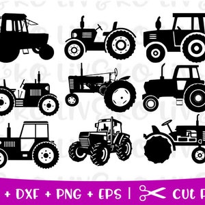 Puede incluir: Un conjunto de diez archivos de corte SVG de tractor de silueta negra. Los tractores son de varios estilos y tamaños.