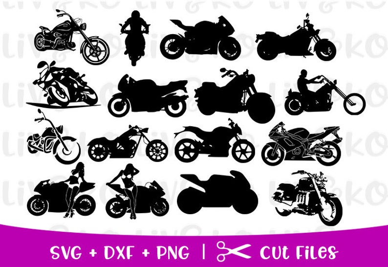 May include: A set of 12 black and white motorcycle silhouette SVG cut files. The motorcycle silhouettes are in various styles, including cruisers, sport bikes, and choppers.
