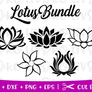 May include: A set of six black and white lotus flower SVG cut files. The files include a traditional lotus flower, a stylized lotus flower, and a lotus flower with a circular design.