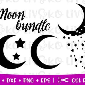 May include: A digital design bundle featuring four black and white moon and star illustrations. The text "Moon bundle" is included in the design.