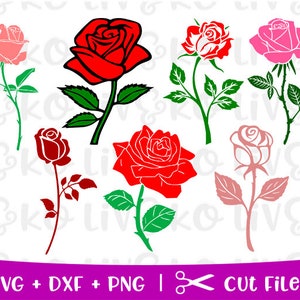 May include: A set of six rose flower SVG cut files. The roses are in various shades of red and pink. The flowers are in different stages of bloom, with some fully open and others still in bud. The files are perfect for creating cards, invitations, scrapbook pages, and other craft projects.