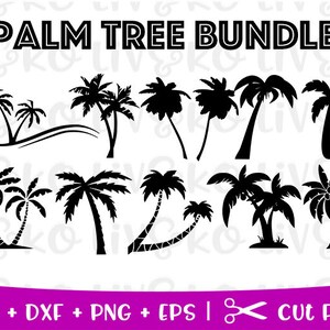 May include: A set of ten black silhouette palm tree SVG cut files. The file set includes various palm tree designs, including single palm trees, double palm trees, and palm trees with a wave.