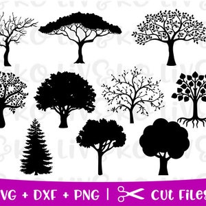 May include: A set of ten black silhouette tree SVG cut files. The trees are in various styles, including a palm tree, a weeping willow, and a tree with a thick trunk and a wide canopy.