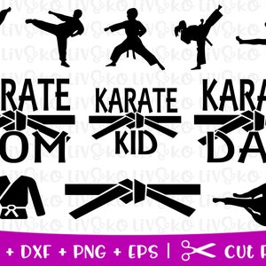 Könnte beinhalten: Schwarz-weiße Silhouettenbilder von Personen in Karate-Posen. Der Text "KARATE MOM", "KARATE KID" und "KARATE DAD" wird mit einem schwarzen Gürtel-Design angezeigt. Ein schwarzes Gürtel-Design wird auch separat angezeigt.  SVG + DXF + PNG + EPS | Schnittdateien