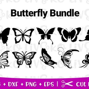 May include: A set of ten black butterfly silhouette cut files. The butterflies are in various poses and sizes. The text "Butterfly Bundle" is at the top of the image. The text "SVG + DXF + PNG + EPS | Cut File" is at the bottom of the image.