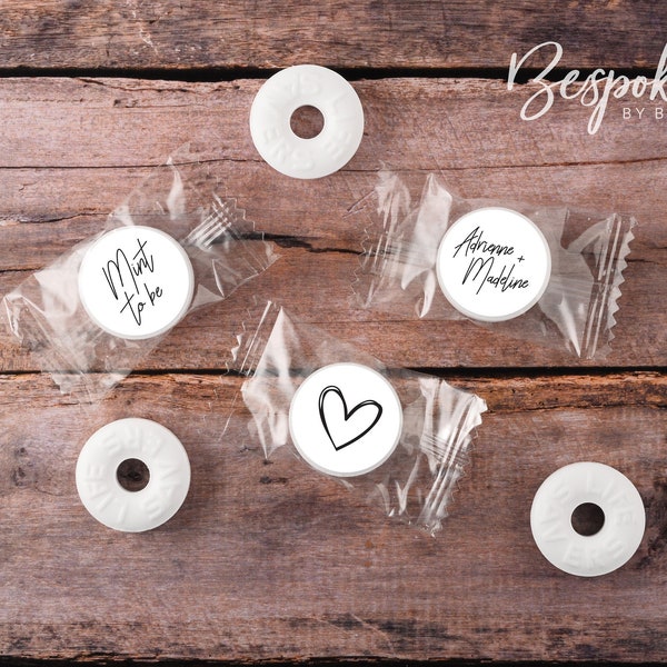 NEW! 108 Personalized Mint Stickers | Mint Labels | Mint To Be Favours | Wedding | White Cursive Mint To Be | Candy Bar | 0.75” Round Labels