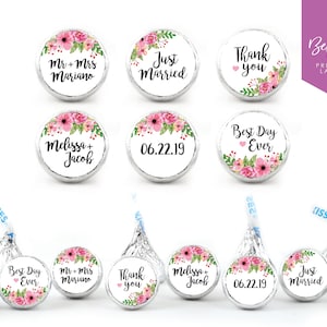 新登場！108枚のパーソナライズされたキスチョコレートステッカー｜ウェディング｜カスタムキャンディバーラベル｜花柄｜ギフト｜ホワイト｜キス｜0.75インチ丸型ラベル