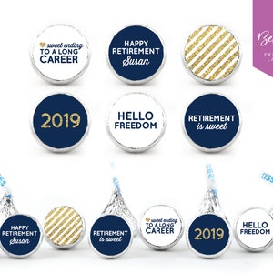 NEW 108 Personalized Kiss Chocolate Stickers | Retirement | Retirement Party | Retirement Gift | Custom | Gold | Kisses | 0.75” Round Labels