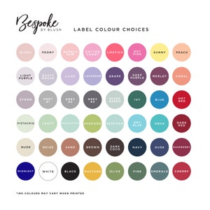 K&ouml;nnte beinhalten: Eine Farbkarte mit 36 verschiedenen Farbmustern, jedes mit einem Namen. Die Farben sind in Reihen und Spalten angeordnet, und die Namen sind unter jedem Muster aufgedruckt. Die Karte ist mit "Bespoke Label Colour Choices" betitelt.